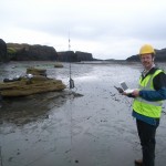 Chris on Whitby foreshore testing voice and video; note headset and external camera, with field antennae in the background