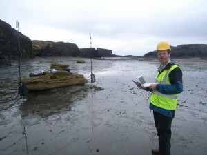 Chris on Whitby foreshore testing voice and video; note headset and external camera, with field antennae in the background
